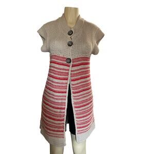 Free People Long Knit Sweater Vest Cardigan Button Front Striped Red Beige Sz S